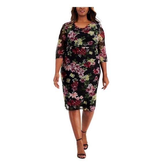 CONNECTED APPAREL Dresses & Skirts - CONNECTED APPAREL Womens Black Lined 3/4 Sleeve Midi Sheath Dress Plus 20W